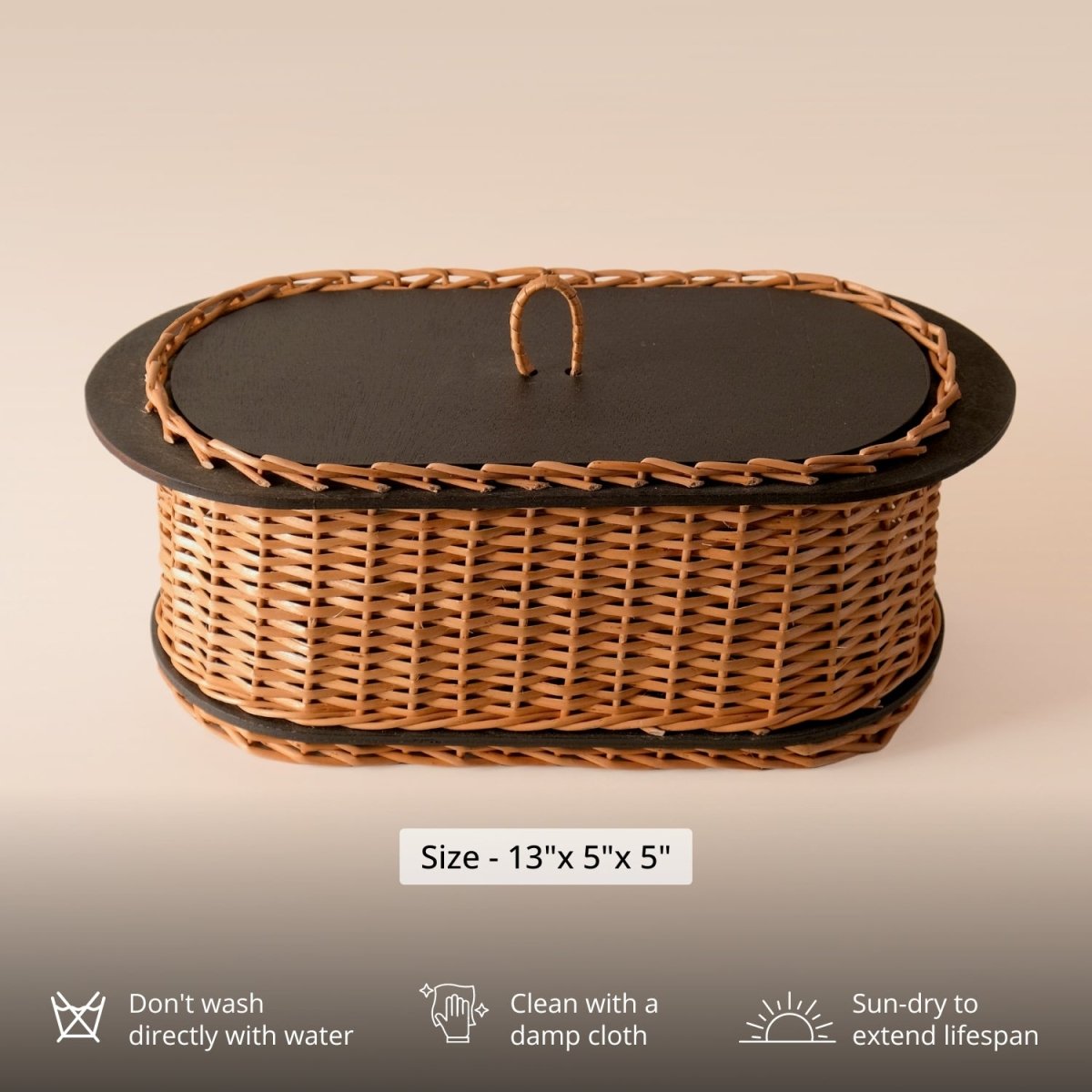 Wicker & Wood Bread Box & 2 Tier Collapsable Fruit Basket Combo | Black and Brown | Handcrafted in Kashmir