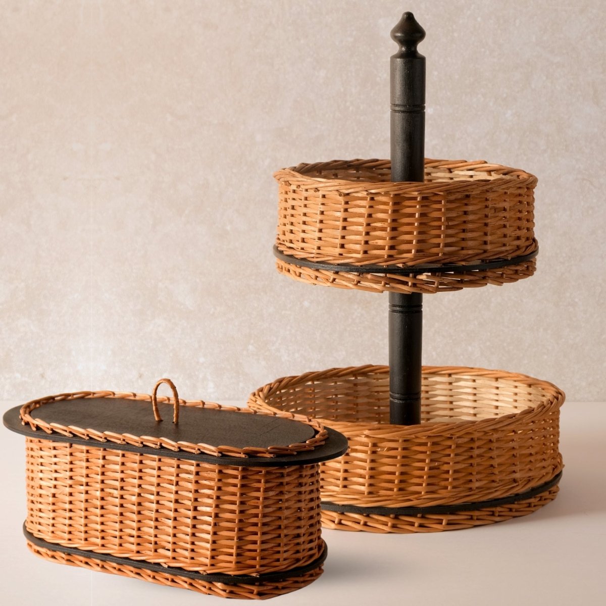 Wicker & Wood Bread Box & 2 Tier Collapsable Fruit Basket Combo | Black and Brown | Handcrafted in Kashmir