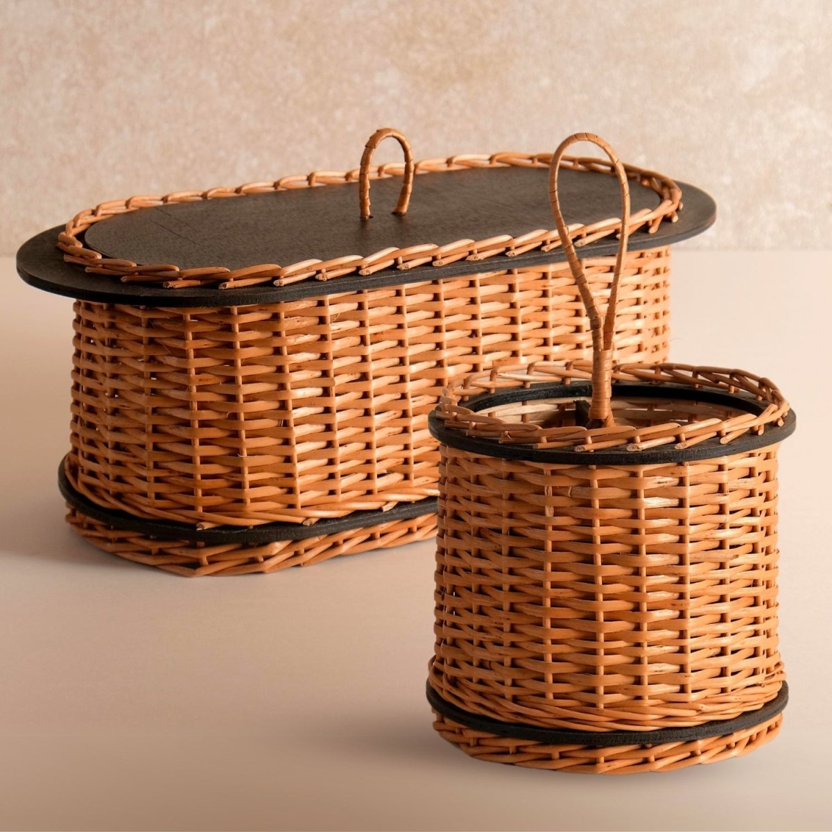Wicker & Wood Bread Box Handcrafted & Cutlery Holder Combo | Black and Brown | Handcrafted in Kashmir