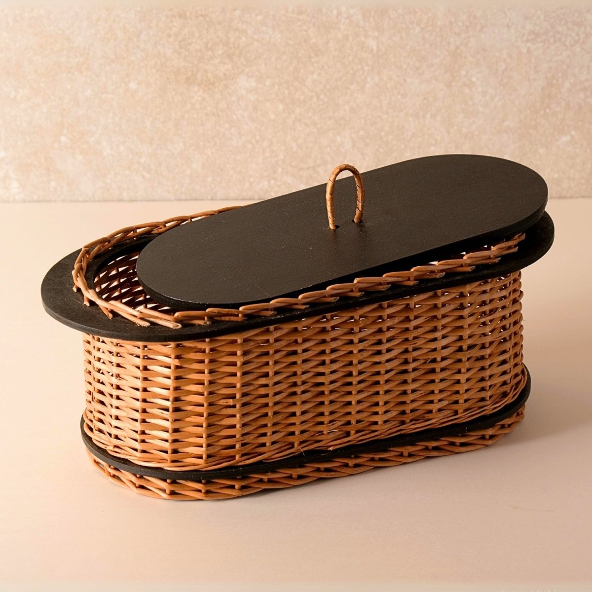Wicker & Wood Bread Box Handcrafted & Cutlery Holder Combo | Black and Brown | Handcrafted in Kashmir