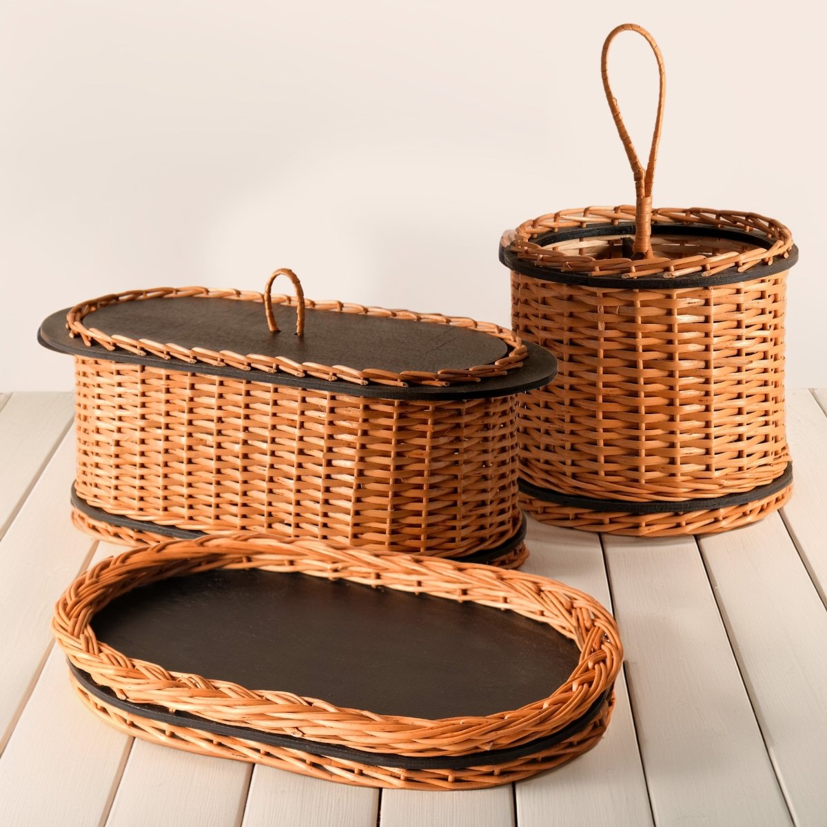 Wicker & Wood Bread Box, Serving Tray & Cutlery Holder Combo | Black and Brown | Handcrafted in Kashmir