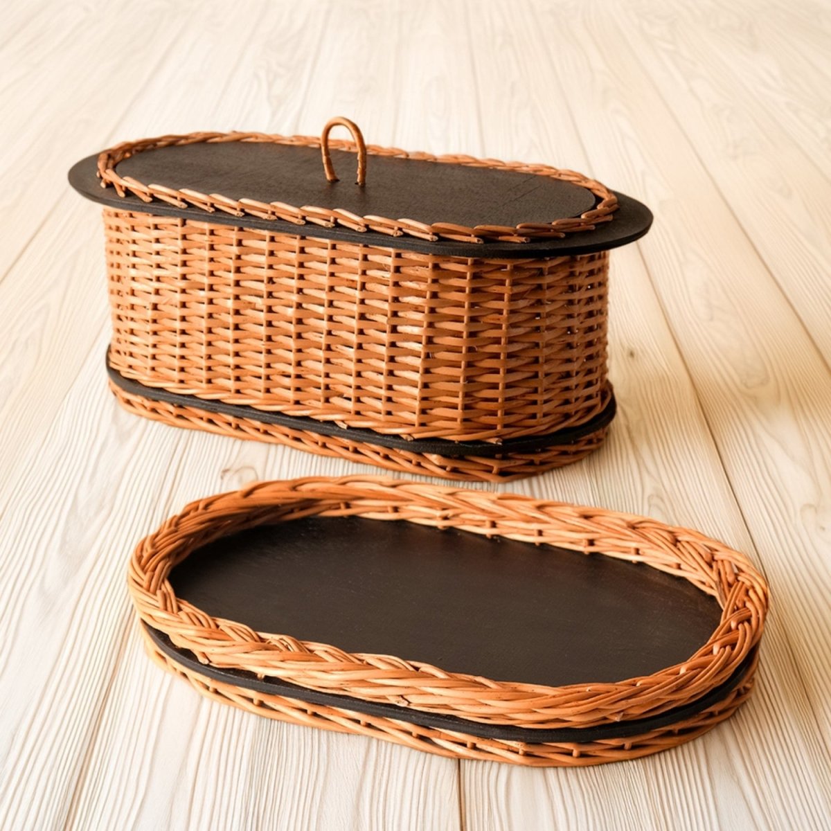 Wicker & Wood Bread Box & Serving Tray Combo | Black and Brown | Handcrafted in Kashmir