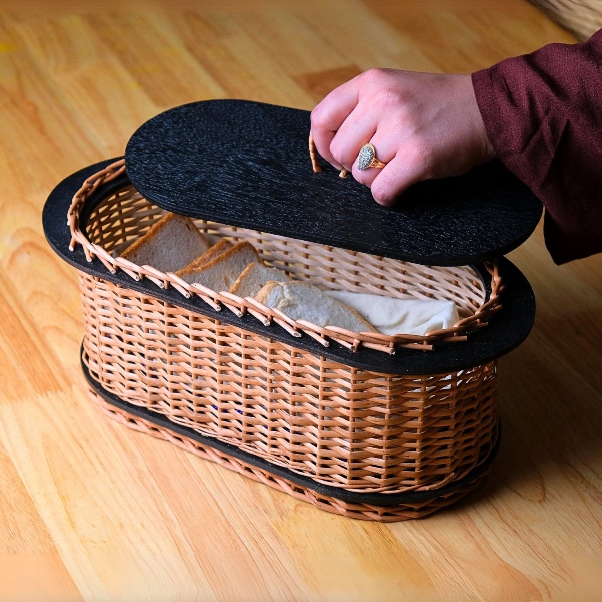 Wicker & Wood Bread Box & Serving Tray Combo | Black and Brown | Handcrafted in Kashmir