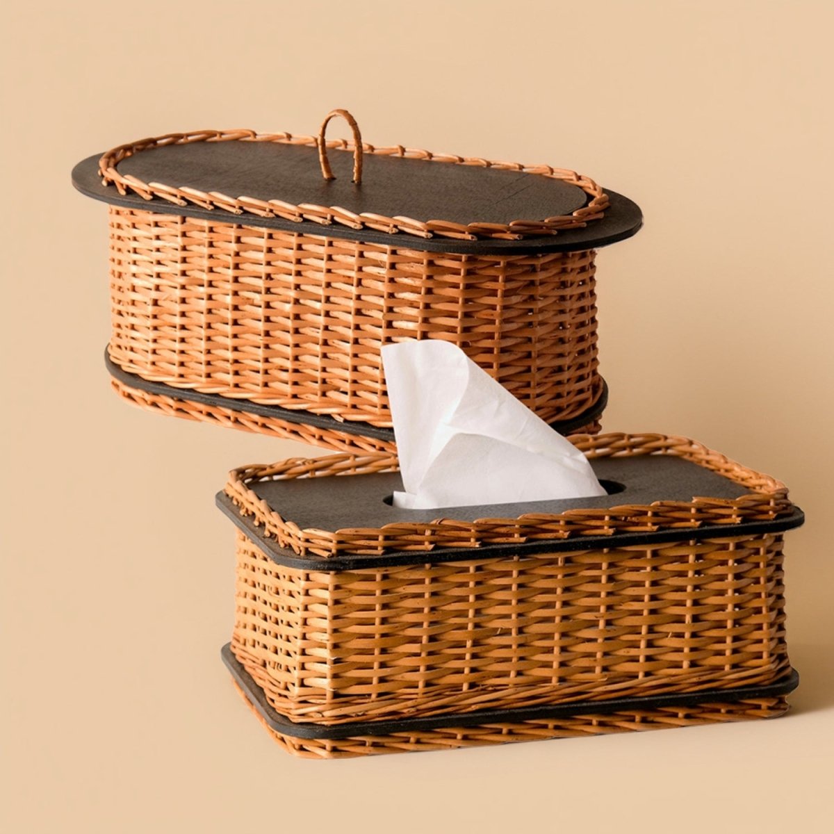 Wicker & Wood Bread Box & Tissue Box Combo | Black and Brown | Handcrafted in Kashmir