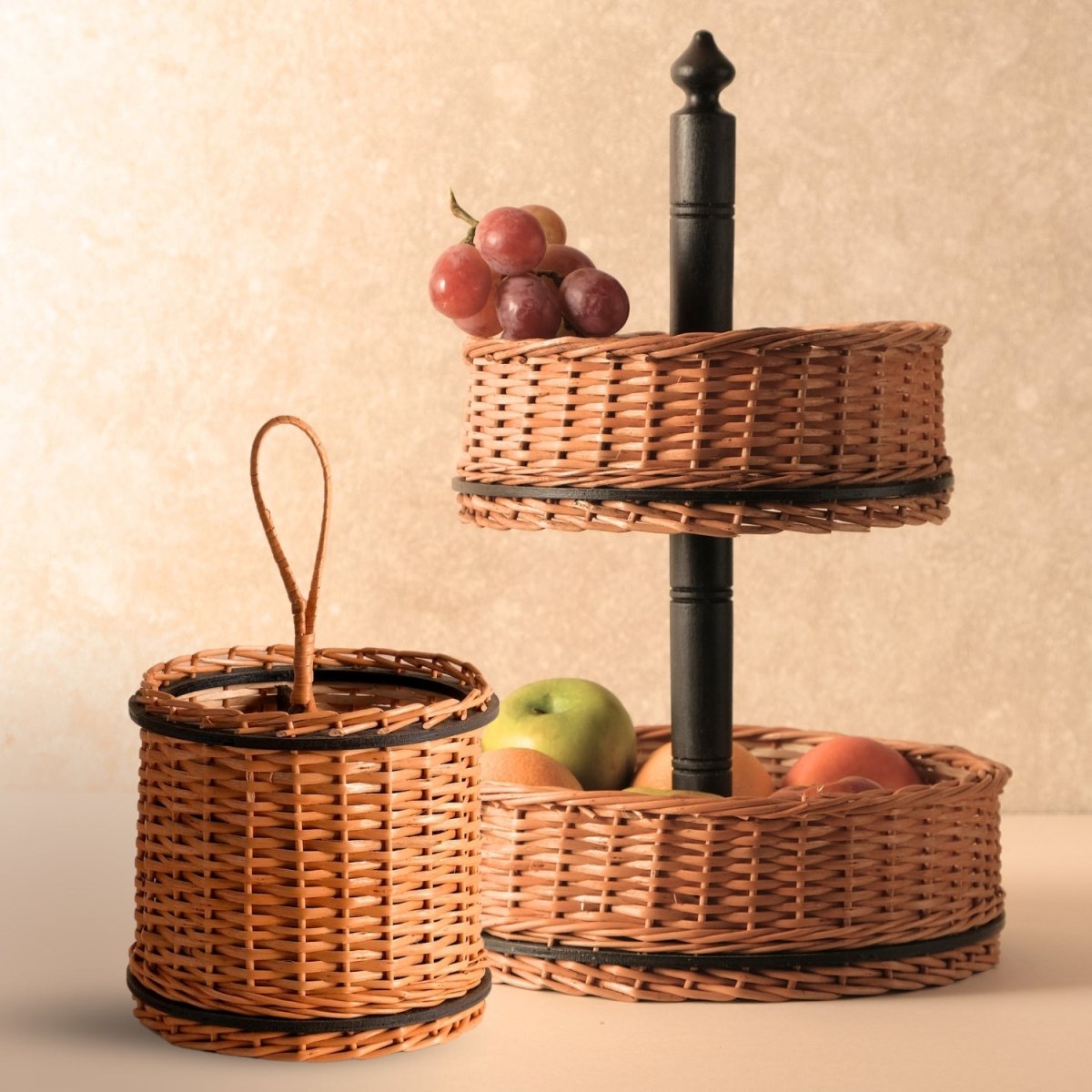 Wicker & Wood Fruit Basket With 2 Tiers & Cutlery Holder Combo | Black and Brown | Handcrafted in Kashmir