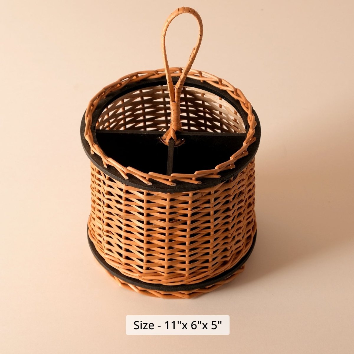 Wicker & Wood Fruit Basket With 2 Tiers & Cutlery Holder Combo | Black and Brown | Handcrafted in Kashmir