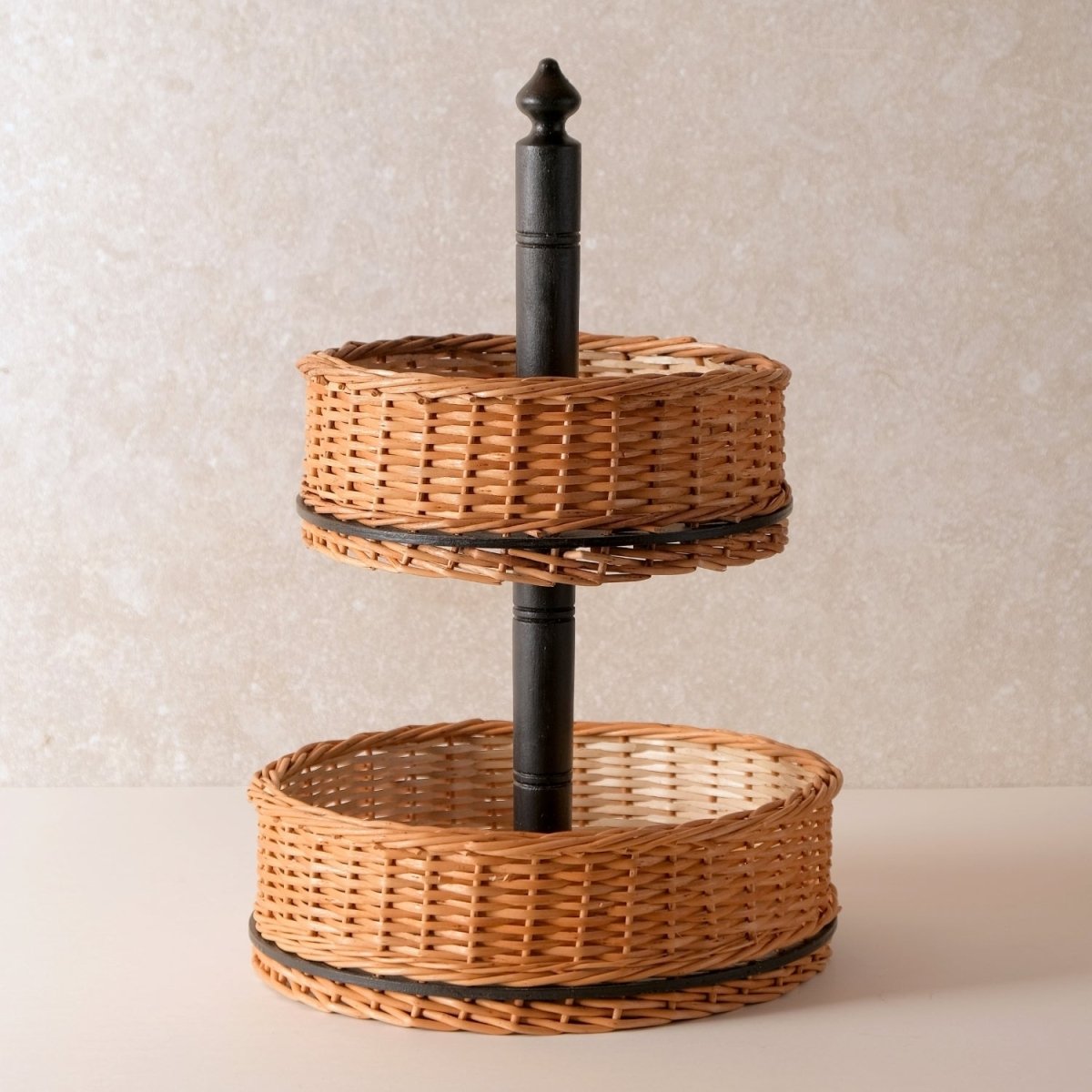 Wicker & Wood Fruit Basket With 2 Tiers | Black and Brown | Handcrafted in Kashmir