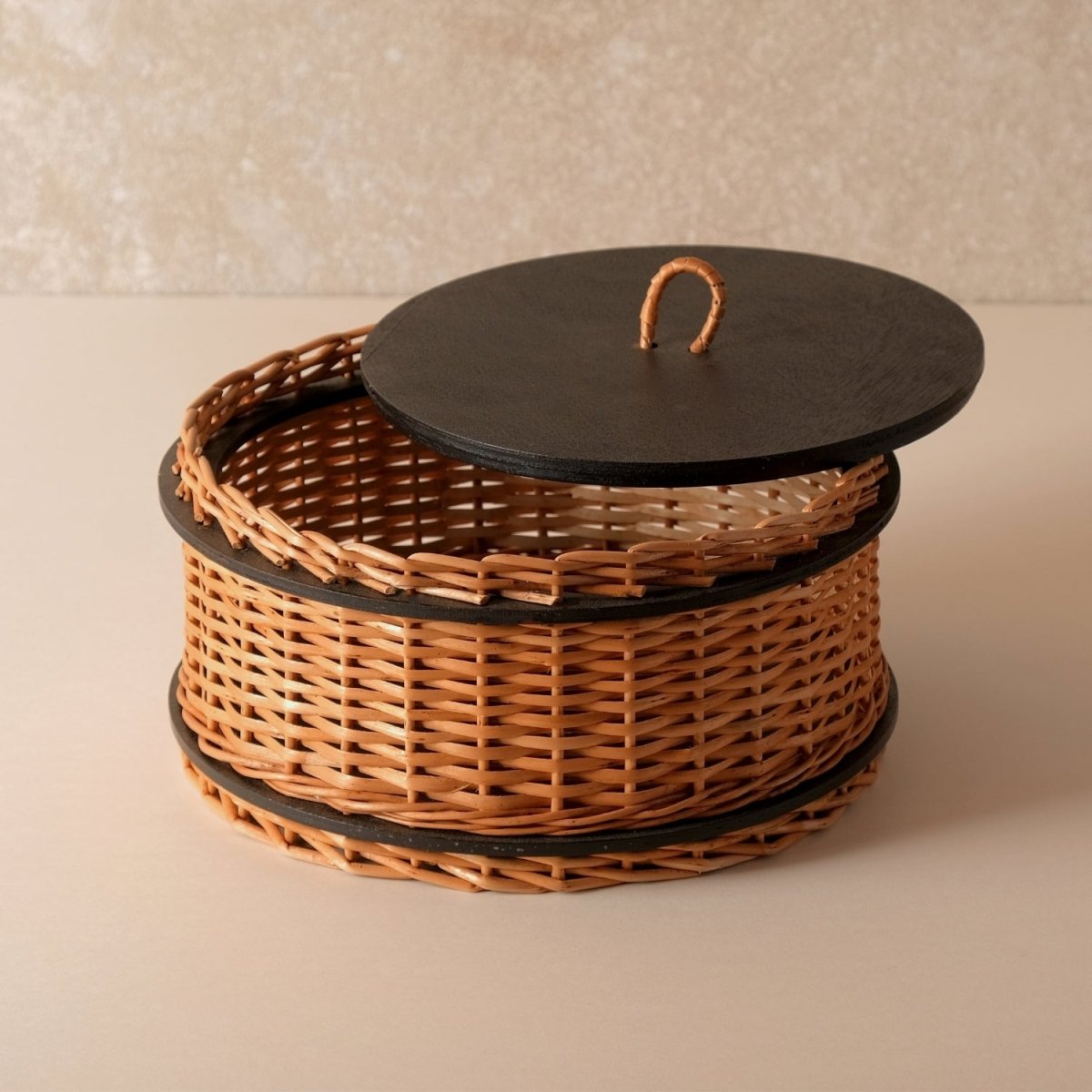 Wicker & Wood Fruit Basket With 2 Tiers, Storage Boxes & Cutlery Holder Combo | Handcrafted in Kashmir