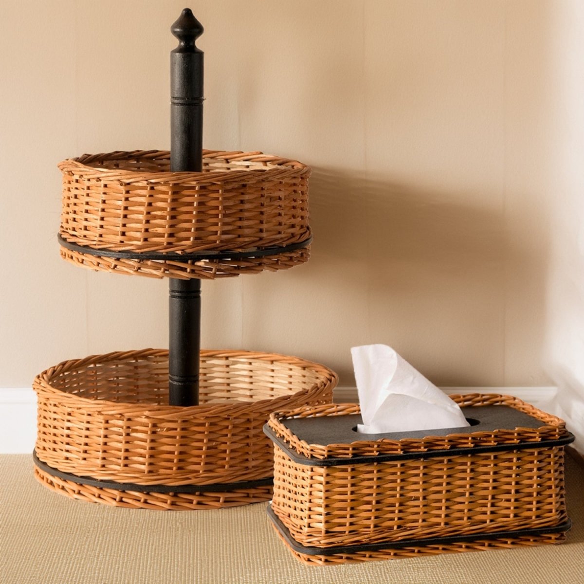Wicker & Wood Fruit Basket With 2 Tiers & Tissue Box Combo| Black and Brown | Handcrafted in Kashmir