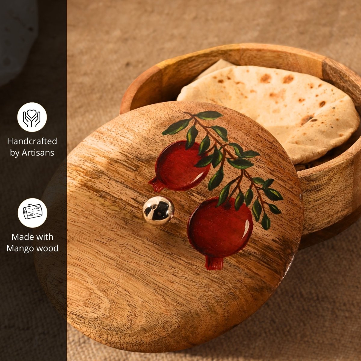 Wooden Roti Box Handpainted with Anar design Mango Wood 2.5" x 8"