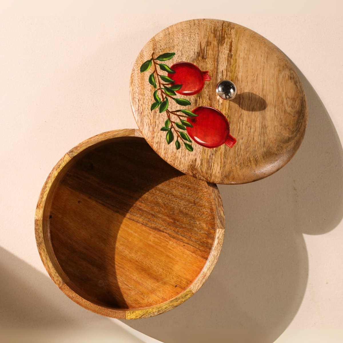 Wooden Roti Box Handpainted with Anar design Mango Wood 2.5" x 8"