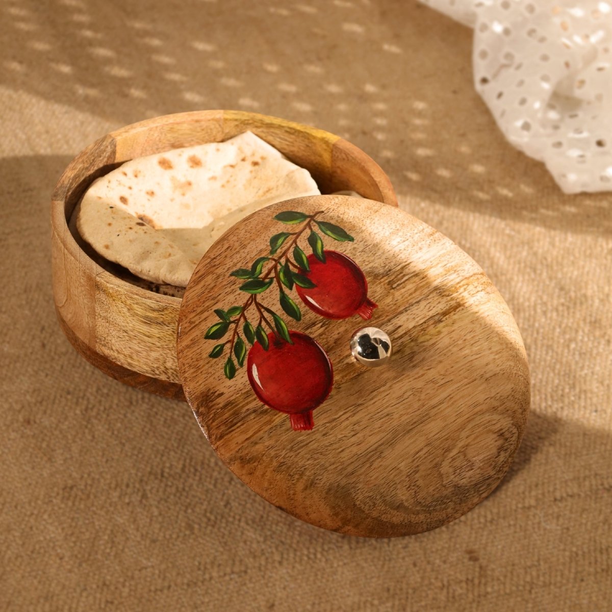 Wooden Roti Box Handpainted with Anar design Mango Wood 2.5" x 8"