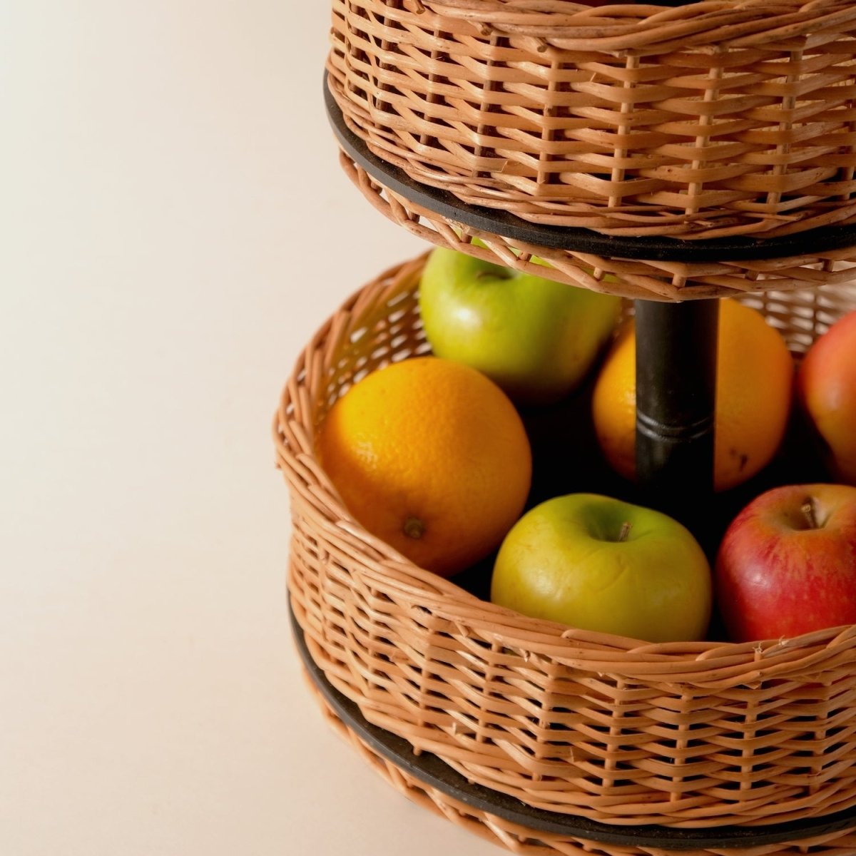 Wicker & Wood Serving Platter With Lid & 2 Tier Collapsable Fruit Basket Combo | Black and Brown | Handcrafted in Kashmir