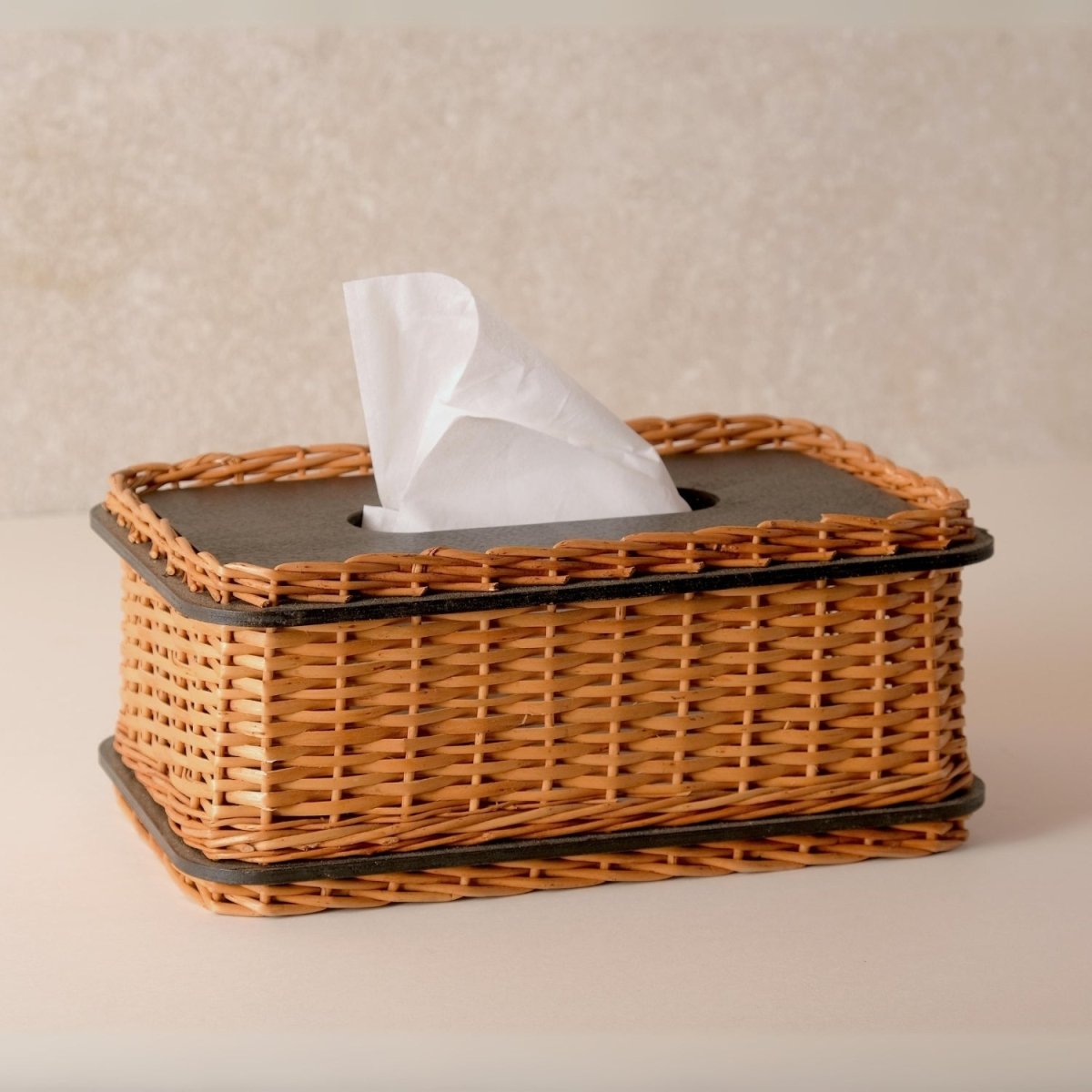 Wicker & Wood Serving Platter With Lid & Tissue Box Combo | Black and Brown | Handcrafted in Kashmir