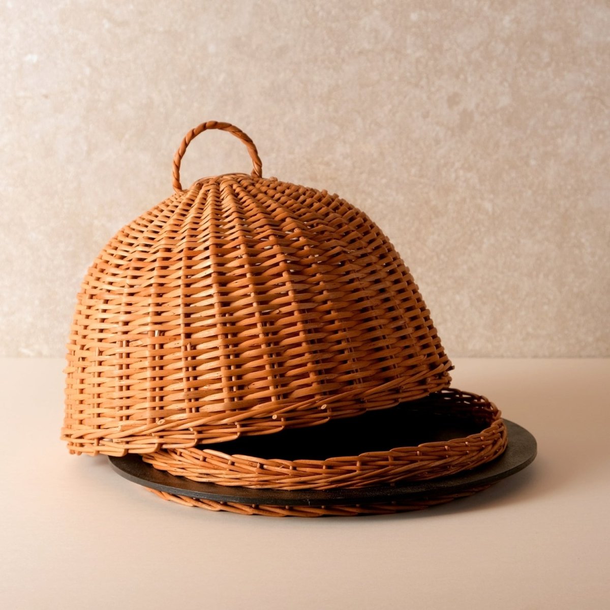 Wicker & Wood Serving Platter With Lid & Tissue Box Combo | Black and Brown | Handcrafted in Kashmir
