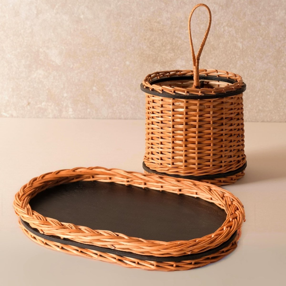 Wicker & Wood Serving Tray & Cutlery Holder Combo | Black and Brown | Handcrafted in Kashmir