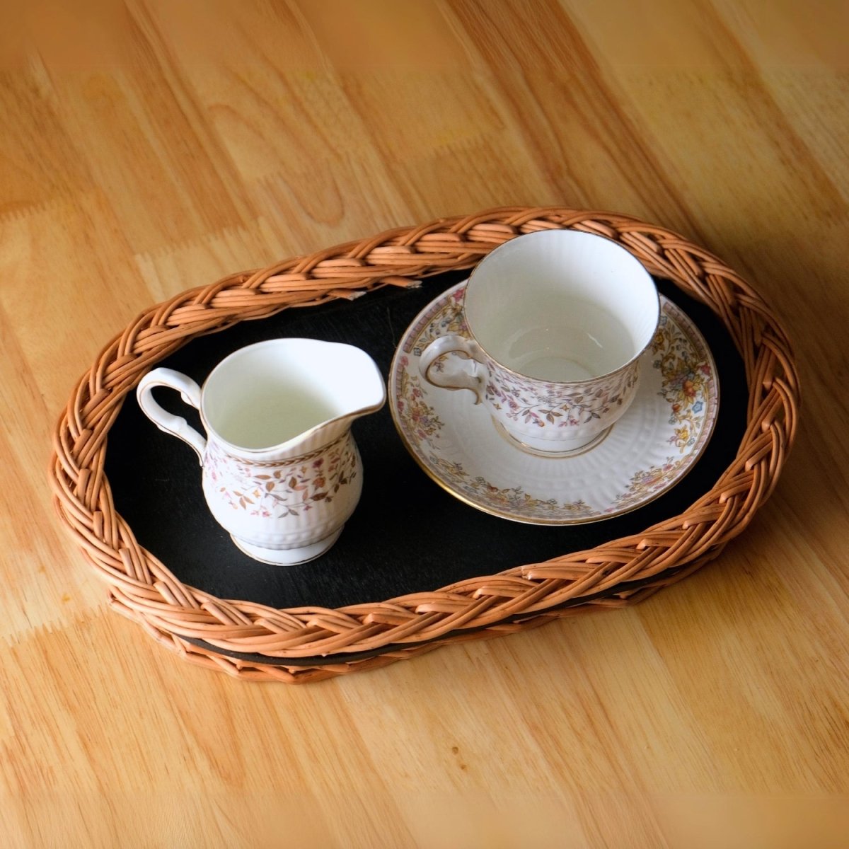 Wicker & Wood Serving Tray & Cutlery Holder Combo | Black and Brown | Handcrafted in Kashmir
