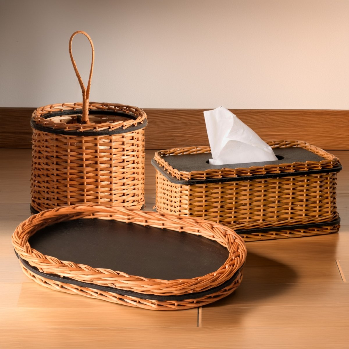 Wicker & Wood Serving Tray, Cutlery Holder & Tissue Box Combo | Black and Brown | Handcrafted in Kashmir