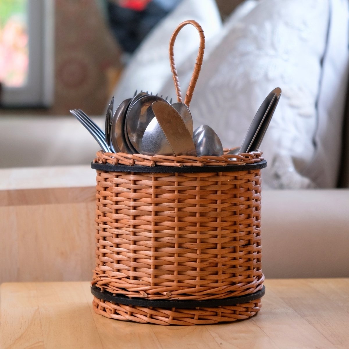 Wicker & Wood Serving Tray, Cutlery Holder & Tissue Box Combo | Black and Brown | Handcrafted in Kashmir