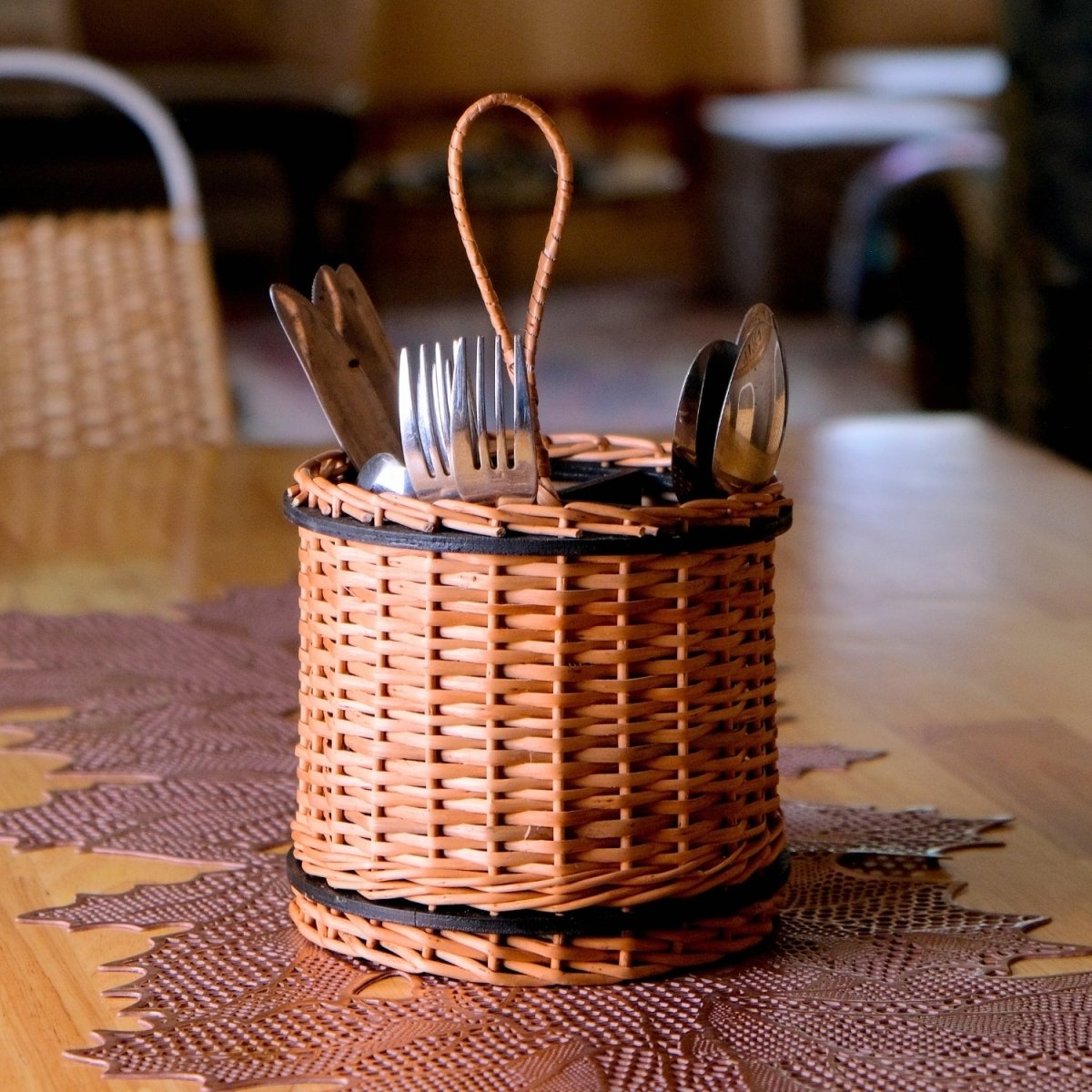 Wicker & Wood Storage Box, Serving Tray & Cutlery Holder Combo | Black and Brown | Handcrafted in Kashmir