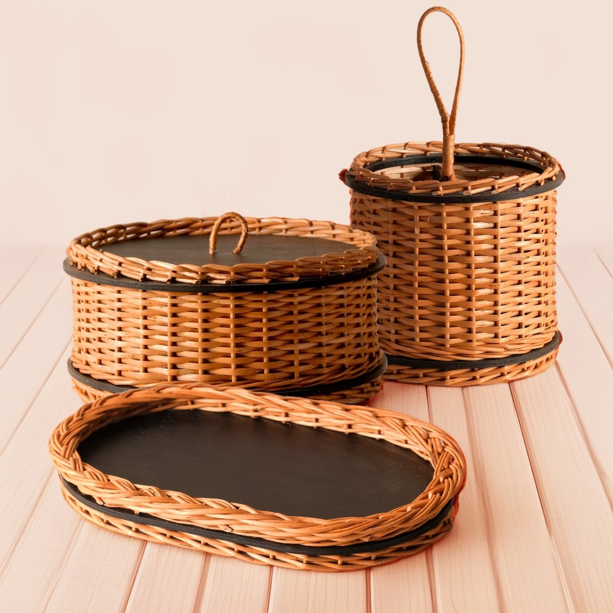 Wicker & Wood Storage Box, Serving Tray & Cutlery Holder Combo | Black and Brown | Handcrafted in Kashmir