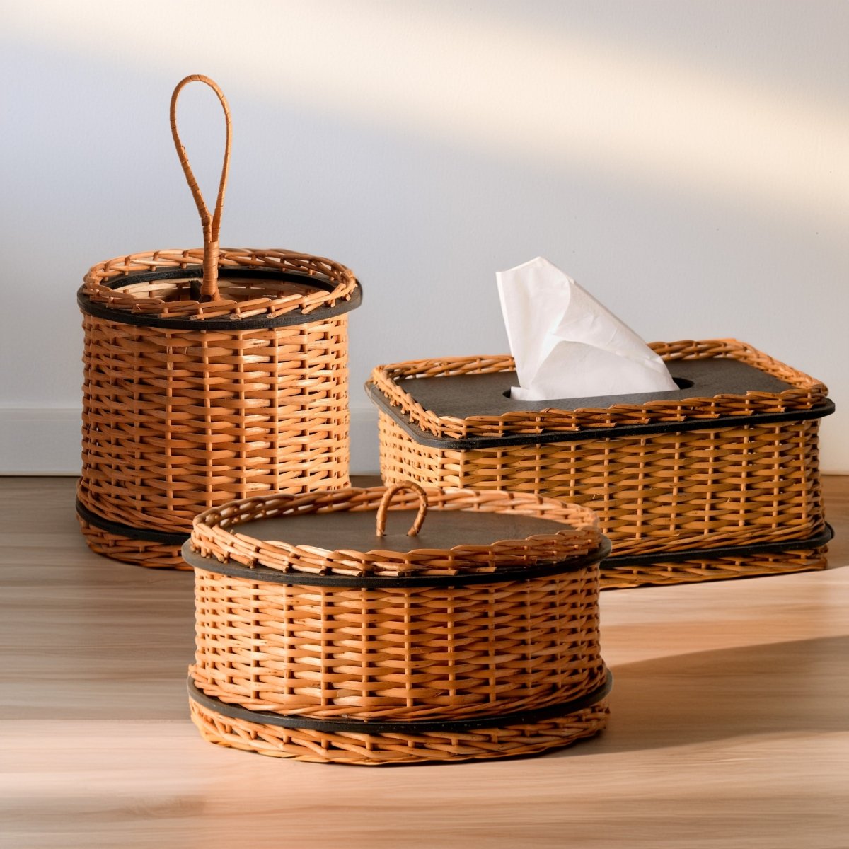 Wicker & Wood Storage Box, Tissue Box & Cutlery Holder Combo | Black and Brown | Handcrafted in Kashmir