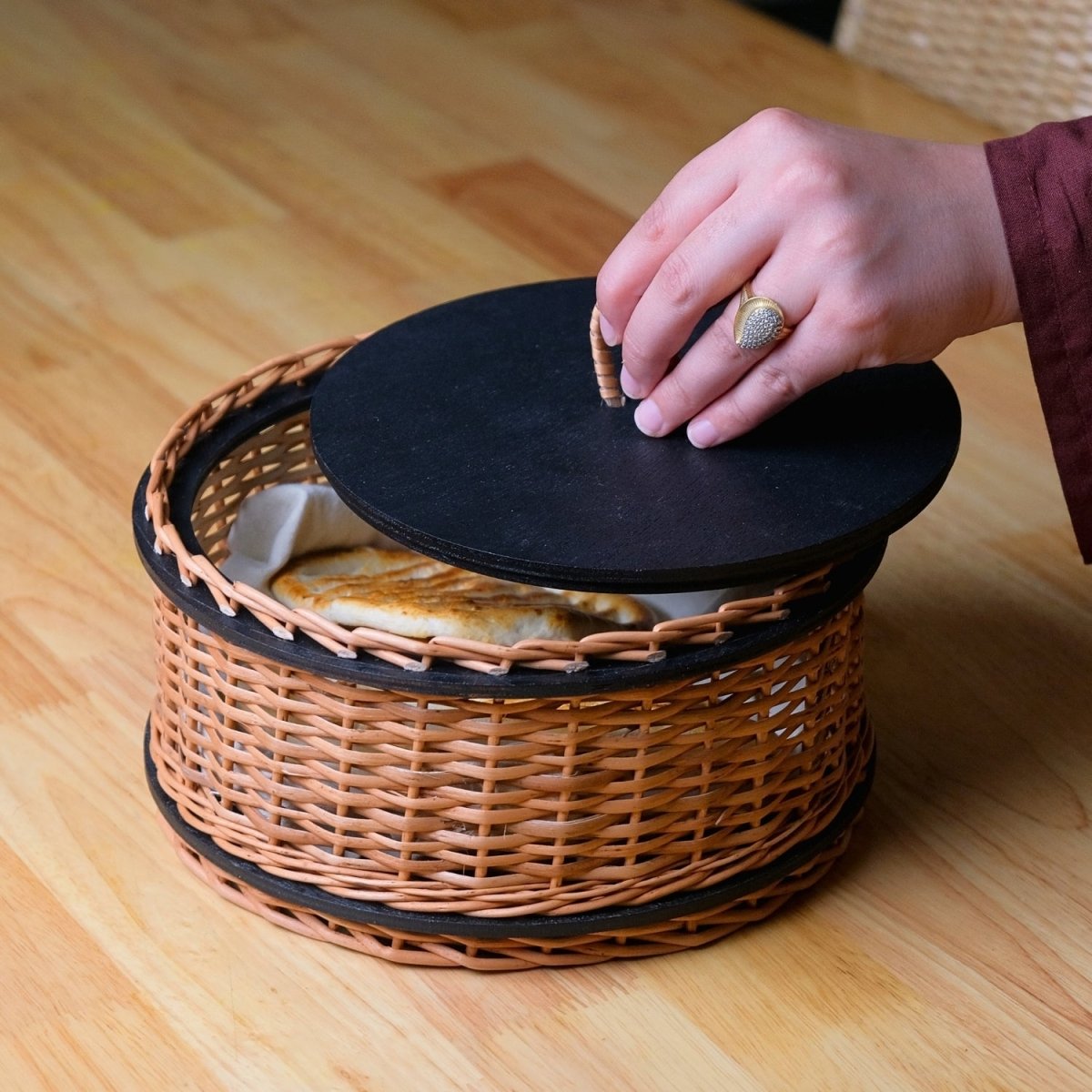 Wicker & Wood Storage Box, Tissue Box & Cutlery Holder Combo | Black and Brown | Handcrafted in Kashmir