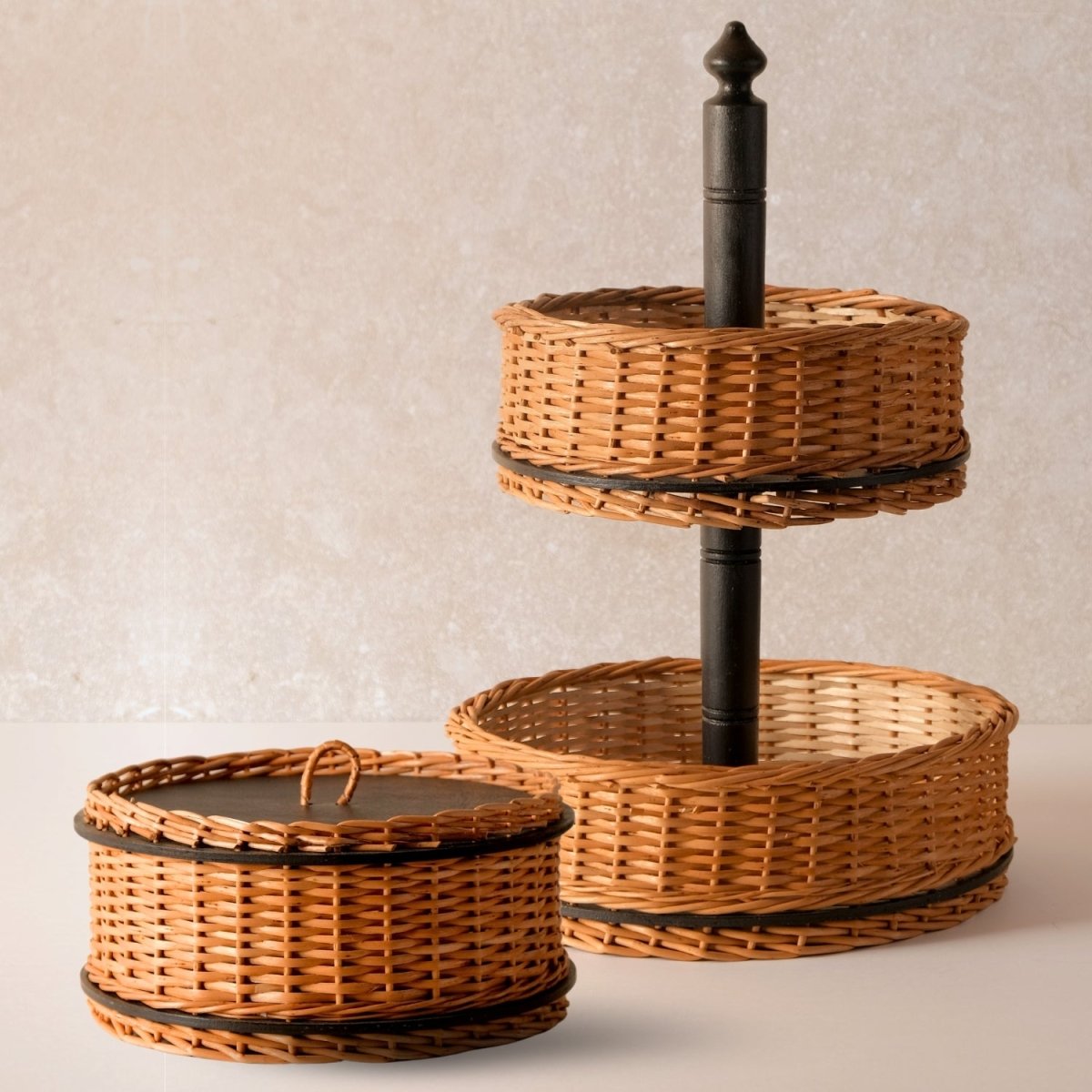 Wicker & Wood Storage Box With Lid & 2 Tier Collasable Fruit Basket Combo | Black and Brown | Handcrafted in Kashmir