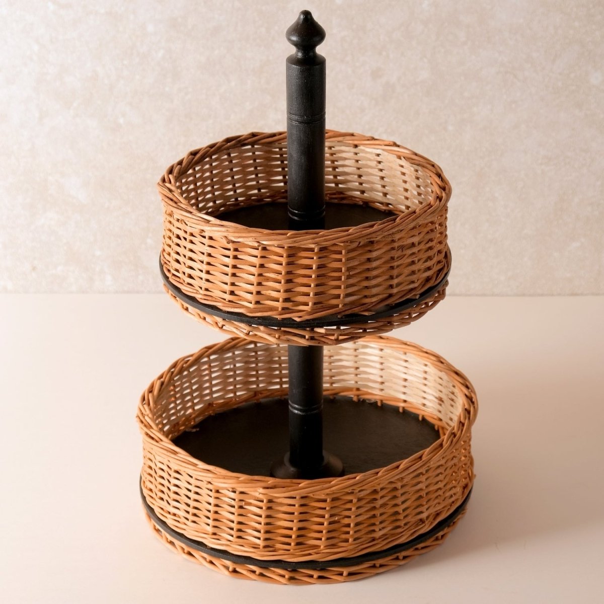 Wicker & Wood Storage Box With Lid & 2 Tier Collasable Fruit Basket Combo | Black and Brown | Handcrafted in Kashmir