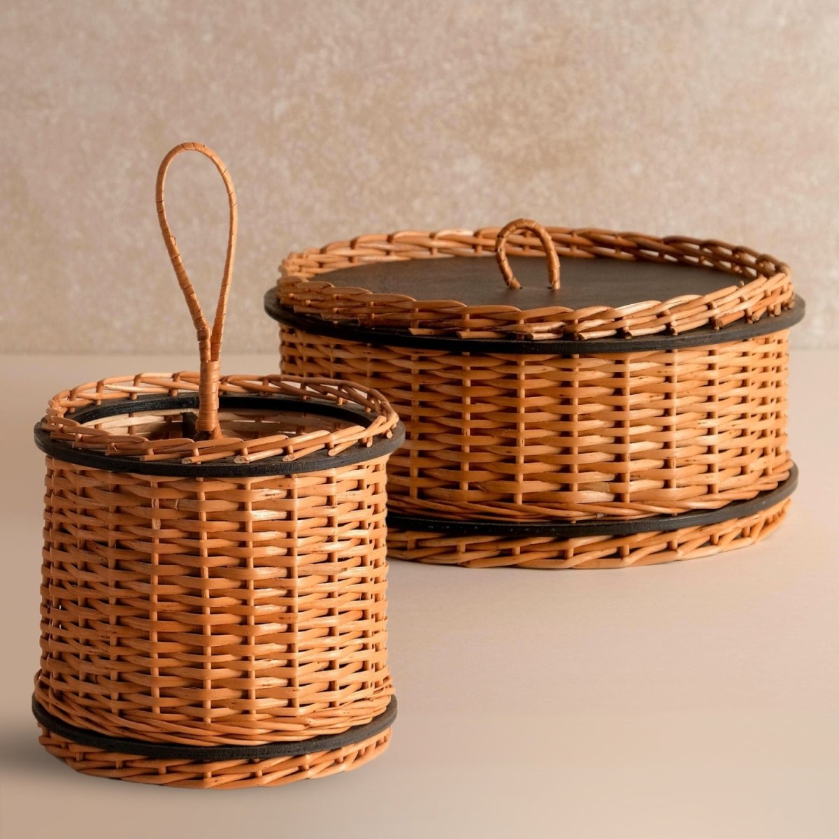 Wicker & Wood Storage Box With Lid & Cutlery Holder Combo | Black and Brown | Handcrafted in Kashmir