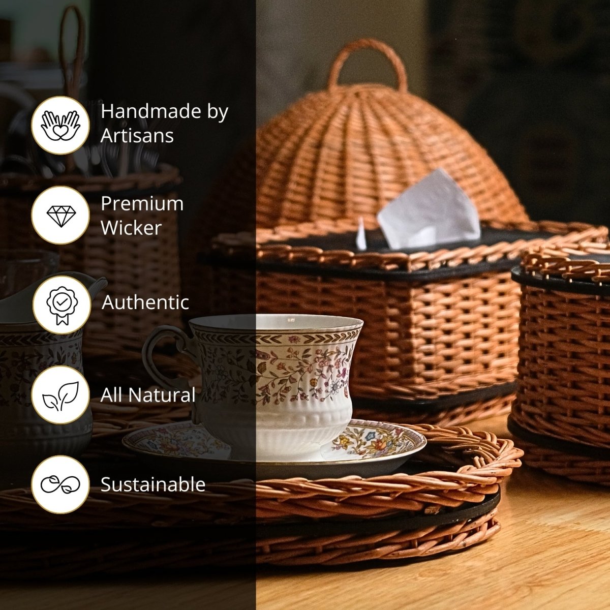 Wicker & Wood Storage Box With Lid | Natural Black and Brown | Handcrafted in Kashmir