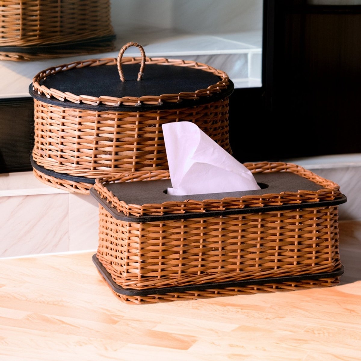 Wicker & Wood Storage Box With Lid & Tissue Box Combo | Black and Brown | Handcrafted in Kashmir
