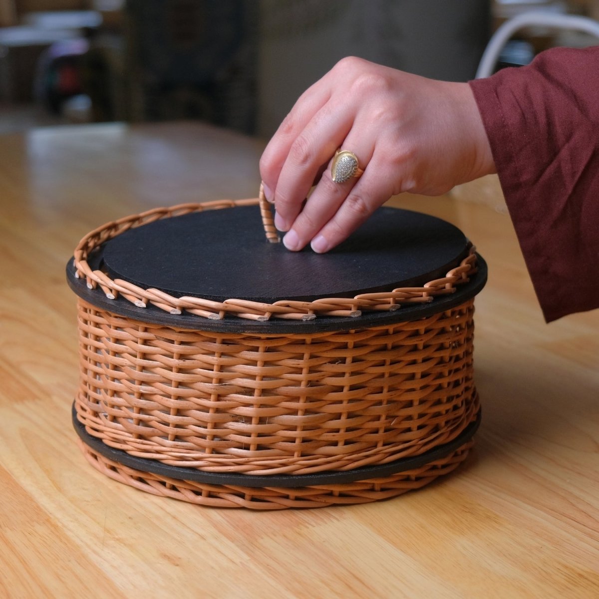 Wicker & Wood Storage Box With Lid | Natural Black and Brown | Handcrafted in Kashmir