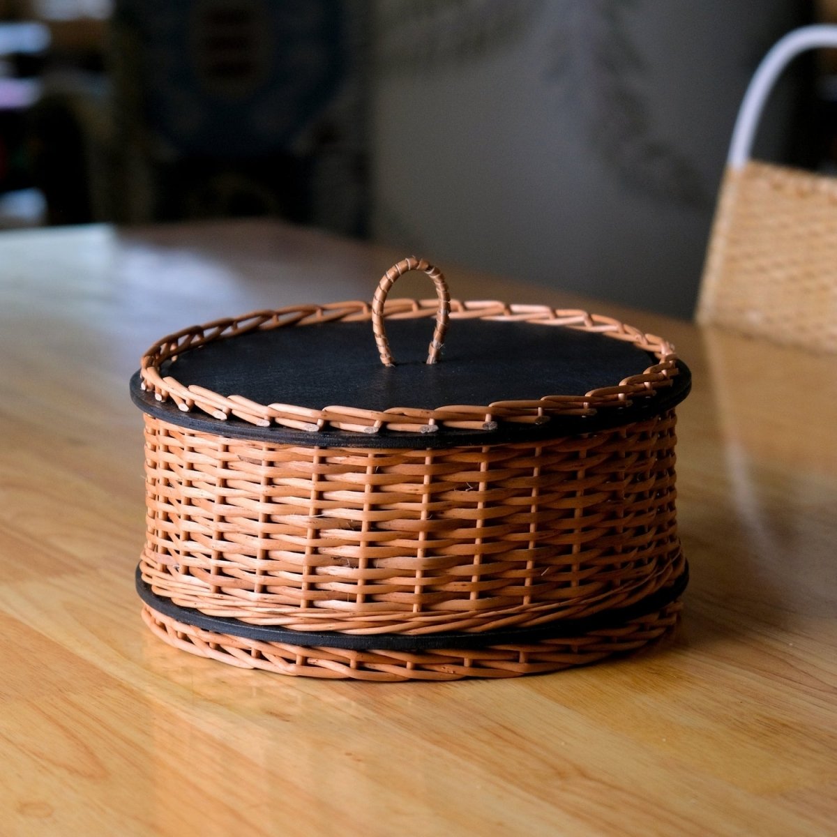 Wicker & Wood Storage Box With Lid | Natural Black and Brown | Handcrafted in Kashmir