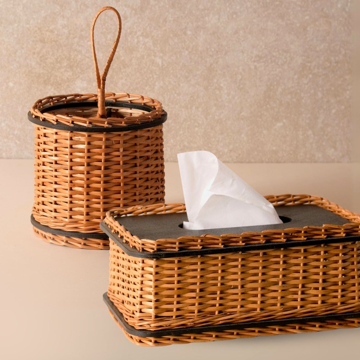 Wicker & Wood Tissue Box & Cutlery Holder Combo | Black and Brown | Handcrafted in Kashmir