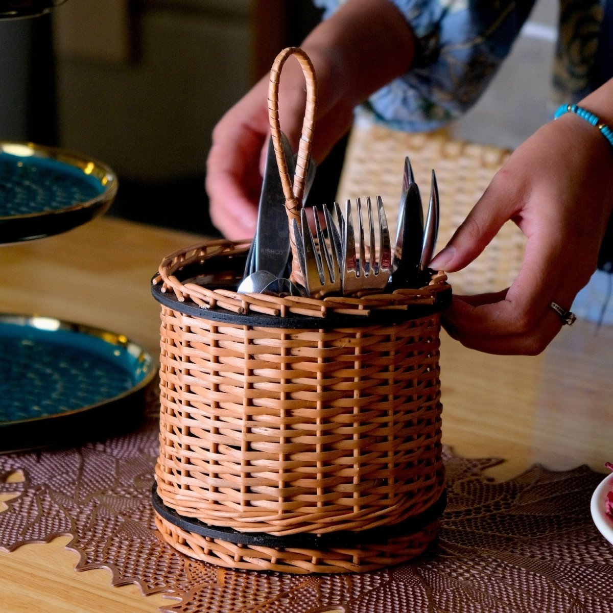 Wicker & Wood Tissue Box & Cutlery Holder Combo | Black and Brown | Handcrafted in Kashmir