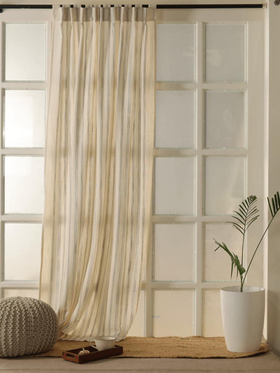 Pure Cotton Curtains in off white and charcoal colours with Double Stripes, available in 7ft pack of 1 and 2