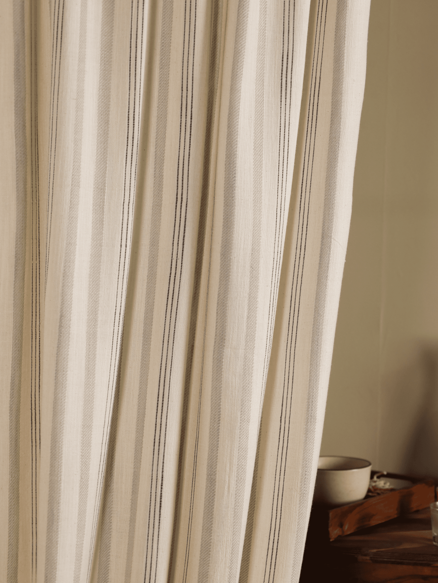 Pure Cotton Curtains in off white and charcoal colours with Double Stripes, available in 7ft pack of 1 and 2