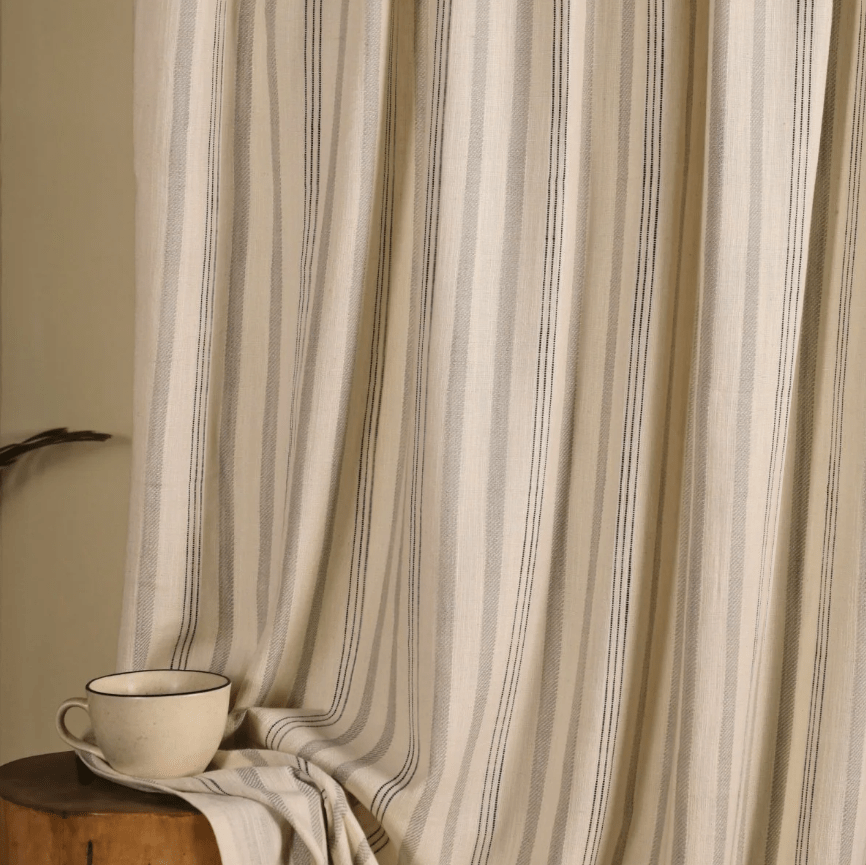 Pure Cotton Curtains in off white and charcoal colours with Double Stripes, available in 7ft pack of 1 and 2