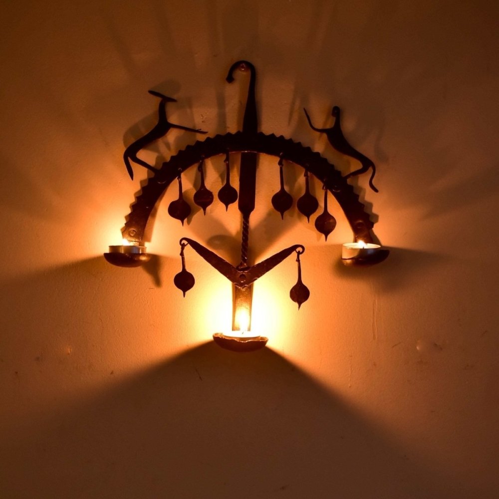 Handcrafted Bastar Tribal Art Iron Tea Light Stand | 11.5 Inch Decorative Tea Light Holder