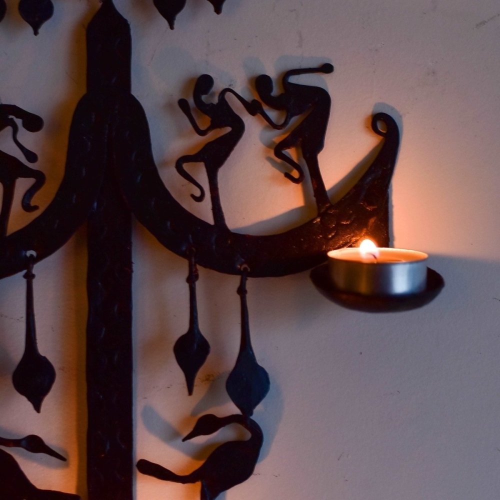 Handcrafted Bastar Tribal Art Iron Tea Light Stand | 40 Inch Decorative Tea Light Holder