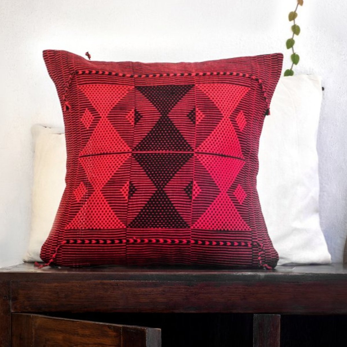 Black & Red Patterned Handwoven Cushion Cover