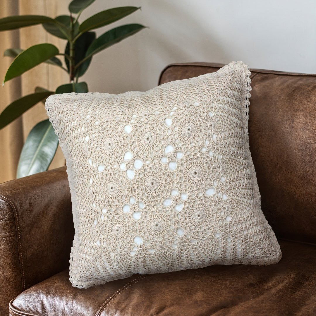 Crochet Cushion Cover in Pure Cotton in White background |16 x 16 inch| Single or Combos available