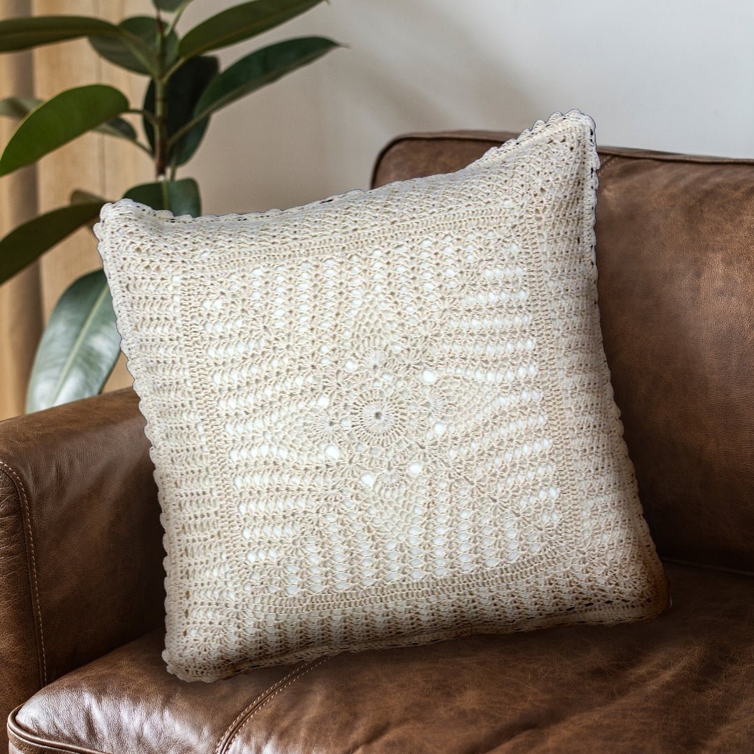 Crochet Cushion Cover in Pure Cotton in a Floret Pattern In White |16 x 16 inch
