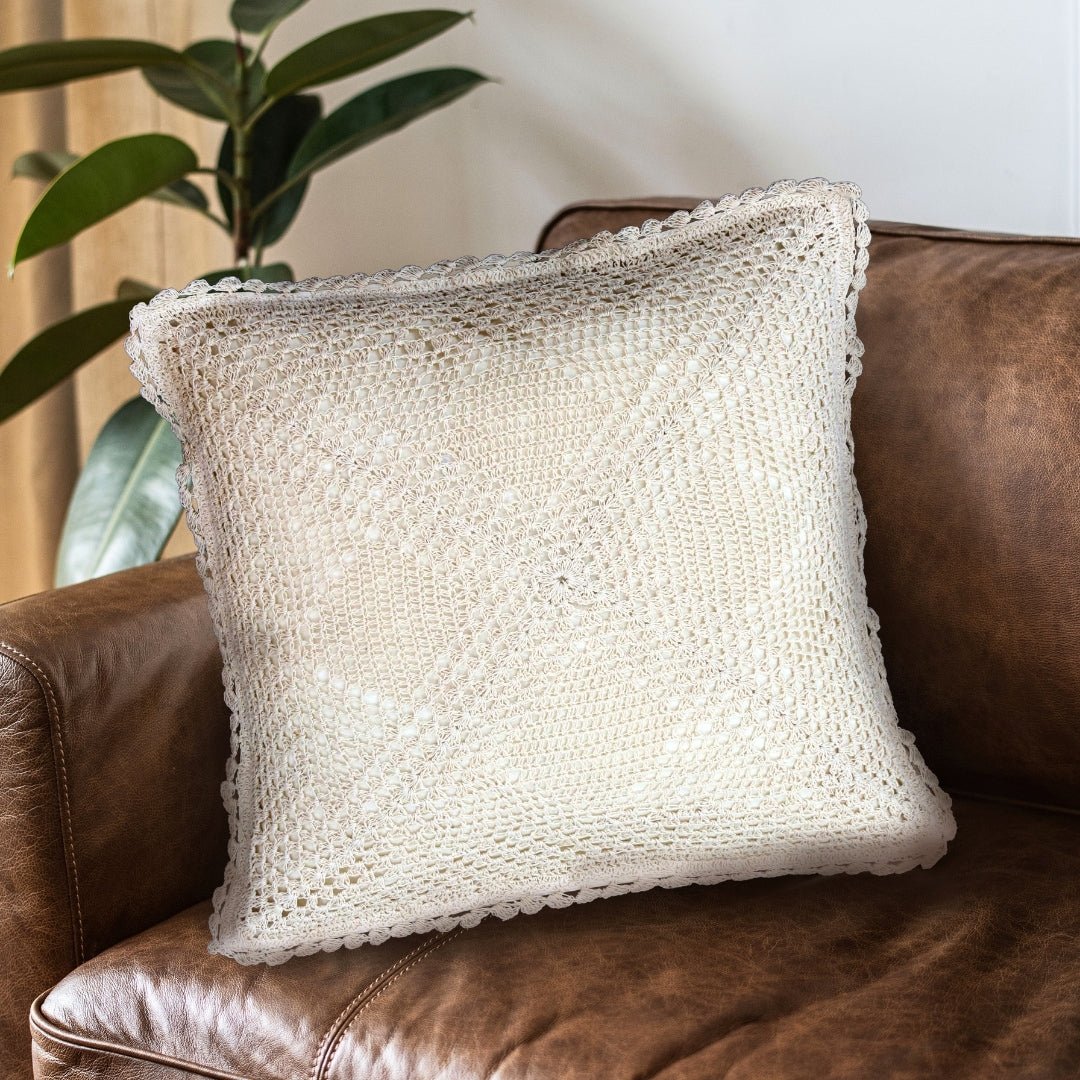 Crochet Cushion Cover in Pure Cotton with a Quad Pattern In White |16 x 16 inch