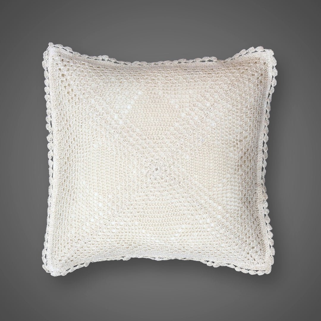 Crochet Cushion Cover in Pure Cotton with a Quad Pattern In White |16 x 16 inch