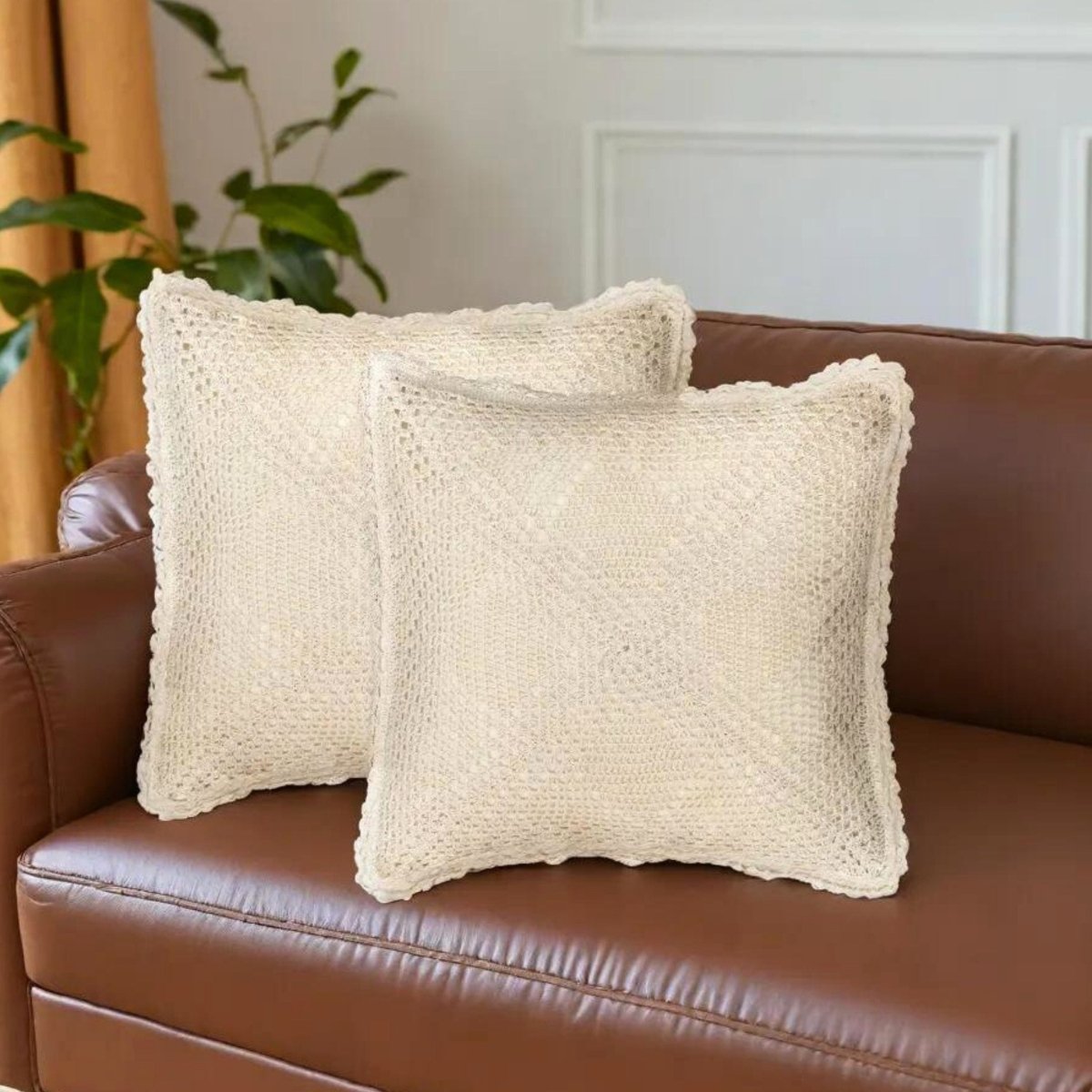 Crochet Cotton Cushion Cover in White | 16x16 in | Set of 1,2 and 4 | Quad Pattern