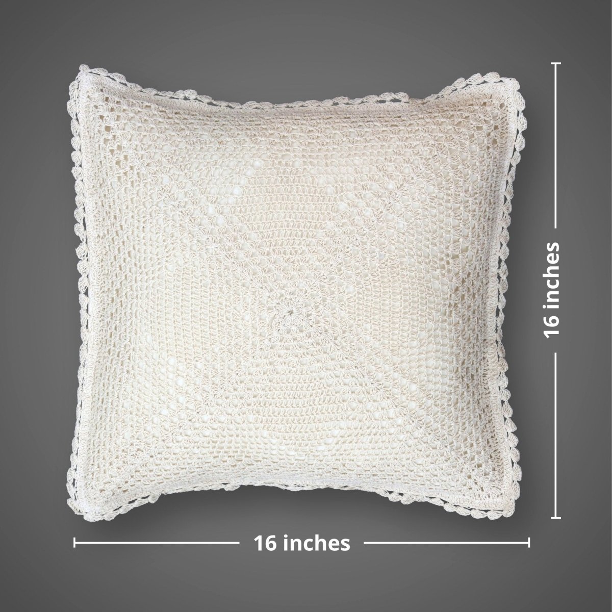 Crochet Cotton Cushion Cover in White | 16x16 in | Set of 1,2 and 4 | Quad Pattern