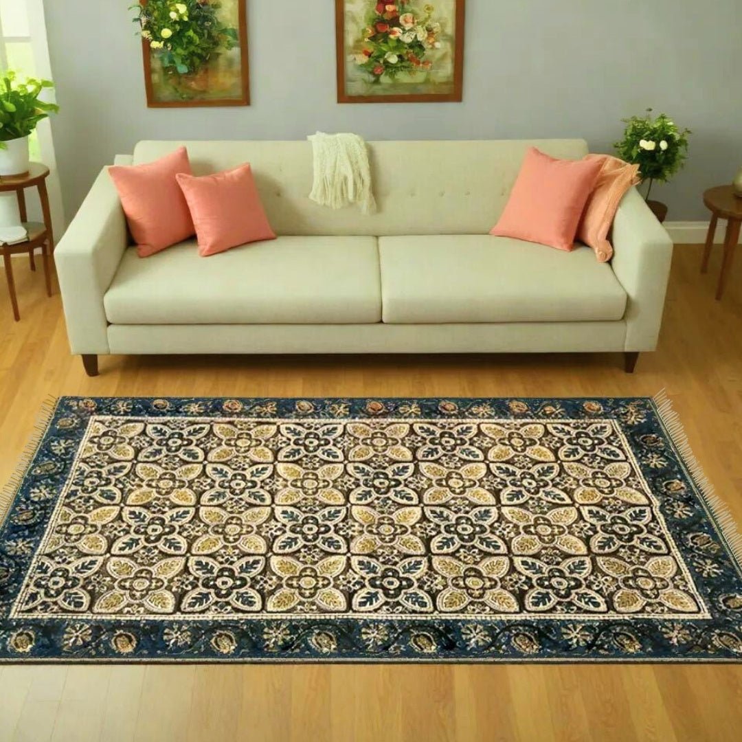 Cotton Floor Rug for Living Room and Bedroom handmade in Indigo and Beige Kalamkari Print| Soft Washable Area RugCotton| 3x5 Feet