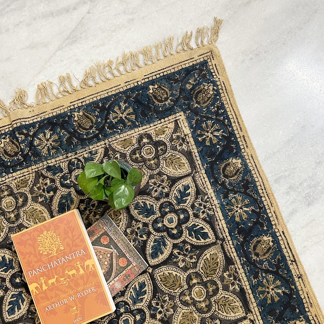 Bring Indigo and Beige Cotton Rug with handblock printing. Durable & handcrafted. Perfect for living room. Handmade in India.